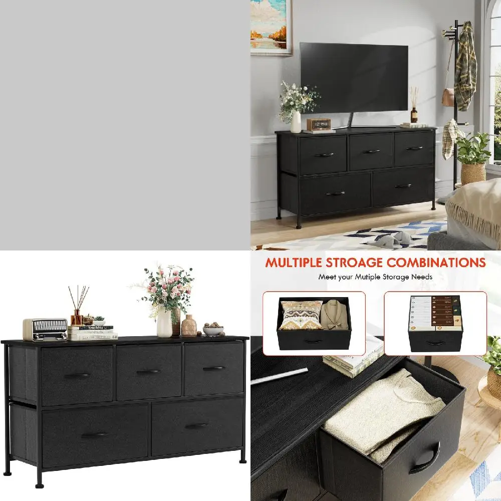 

Fashionable Black 5 Drawers Wide Chest of Fabric Dresser for Perfect Bedroom.