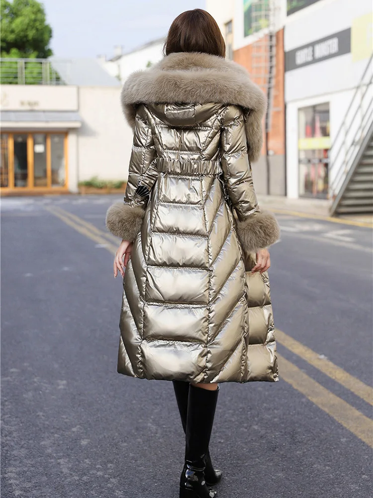 New Women Real Fur Down Coat Winter Fashion Hooded Double Fox Fur Collar Thicken Warm Long Wash Free Glossy Surface Down Jacket