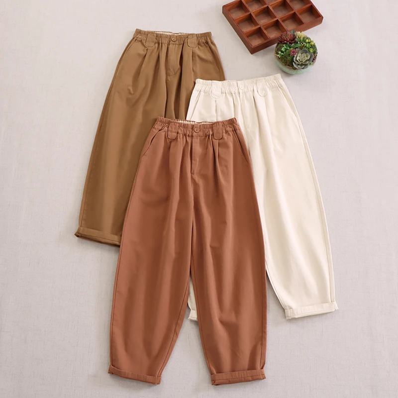 

Весенние Новые однотонные штаны в японском стиле, Женские повседневные шаровары с эластичной резинкой на талии, AL0127