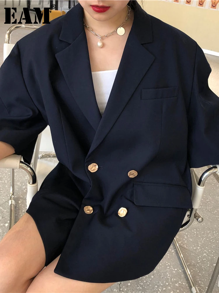 

[EAM] Women Navy Blue Double Breasted Big Size Blazer New Lapel Half Sleeve Loose Fit Jacket Fashion Spring Autumn 2022 1DF0189