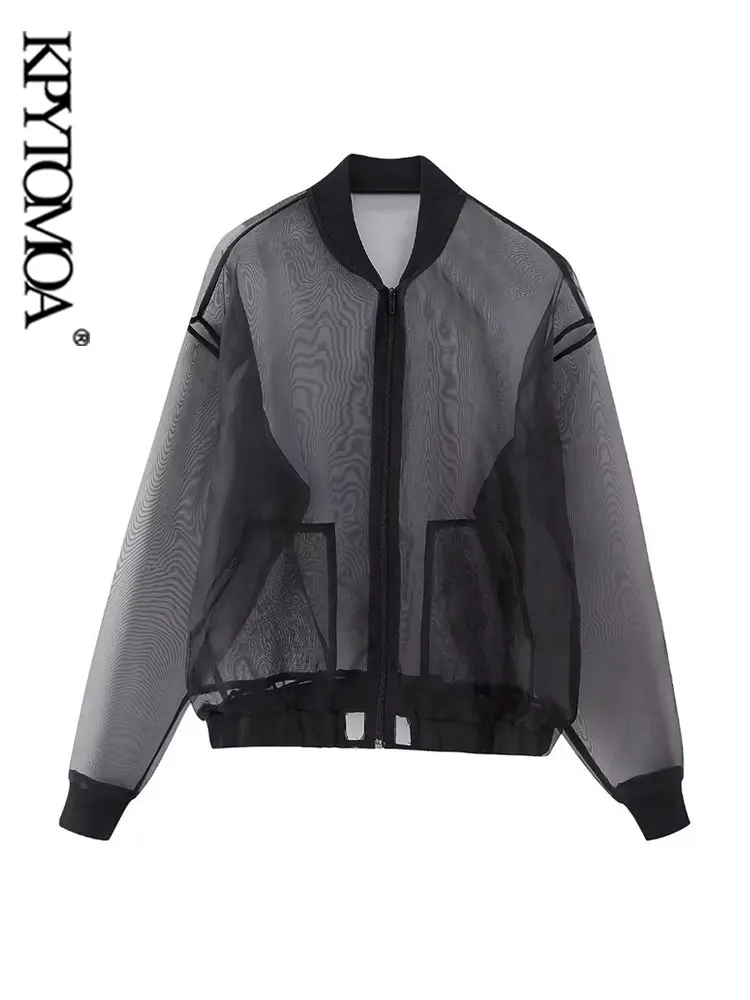

KPYTOMOA Women Fashion Semi-sheer Organza Bomber Jacket Coat Vintage Long Sleeve Front Pockets Female Outerwear Chic Tops