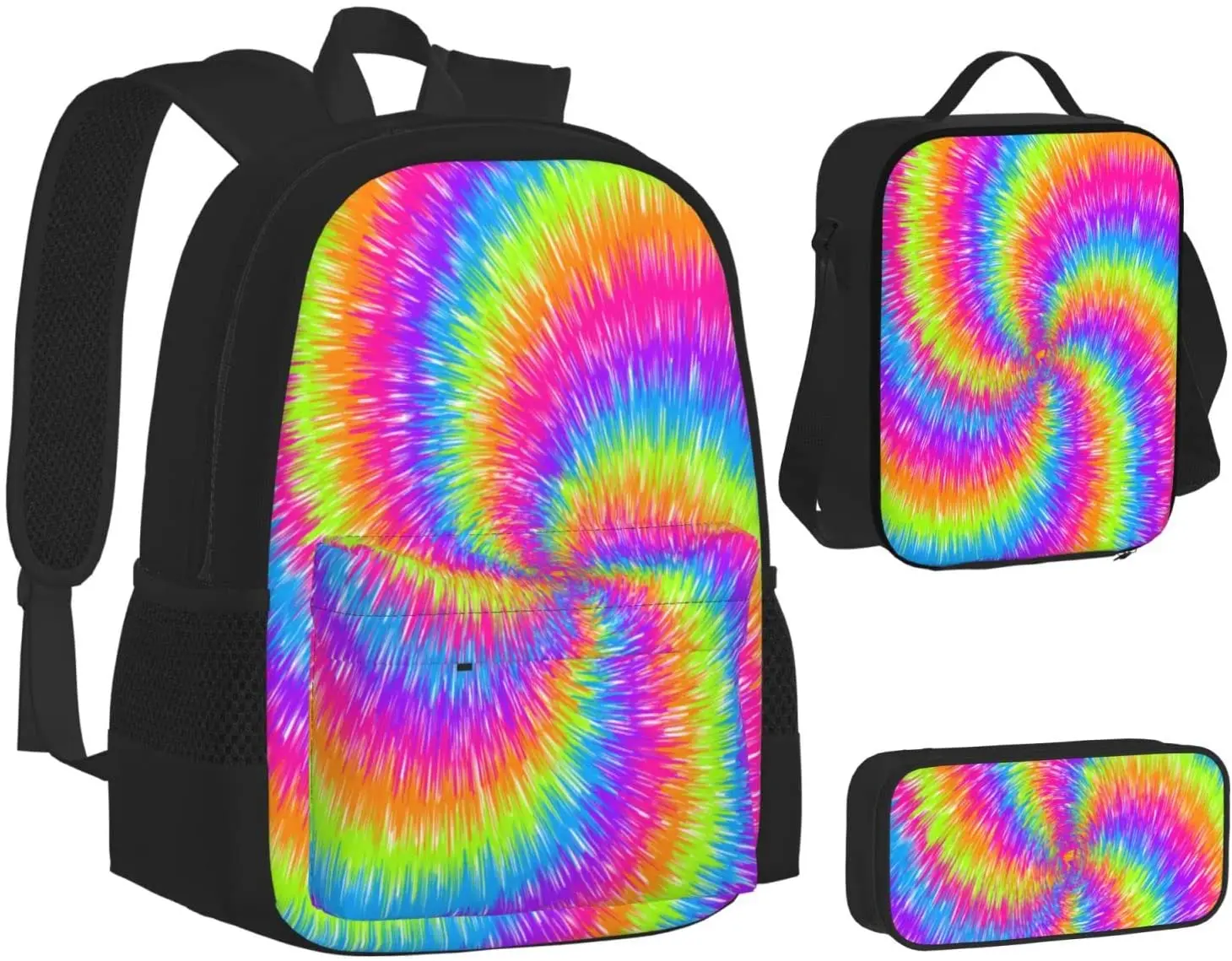 Kids School Backpack Tie Dye Spiral Schoolbag Travel Bag Casual Daypack Lunch Bag Pencil Case for Boys Teens Girls 3pcs Sets