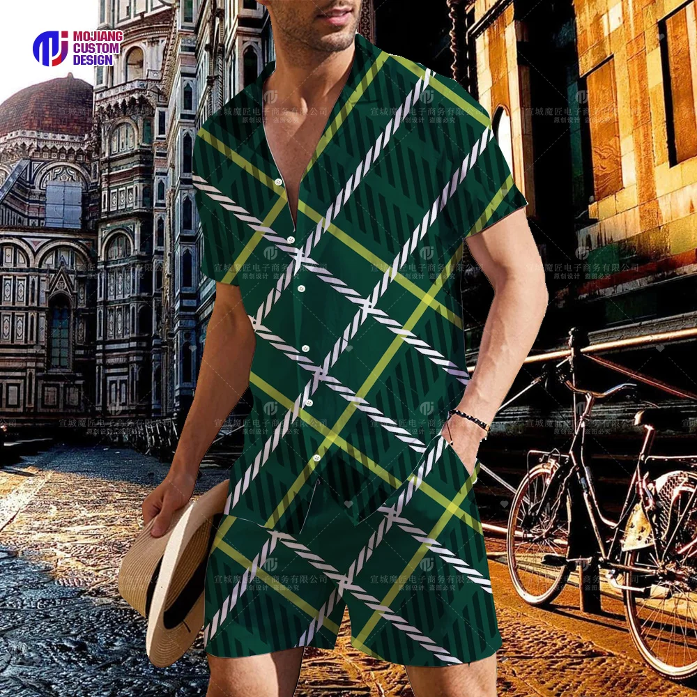 2023 Cool Pattern Shirt Men High Street Casual Travel Short Sleeve Shorts High Quality Mens Button Shirt Set US Size S-5XL