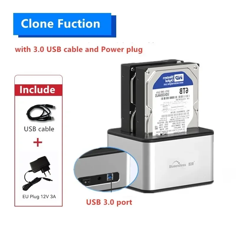Док-станция для двух жестких дисков, корпус для SSDHDD SATA с интерфейсом USB 3.0 и функцией автономного клонирования, совместим с 2.53.5 дюймовыми дисками (art.: 3920da3cc794c) - 3920da3cc794c