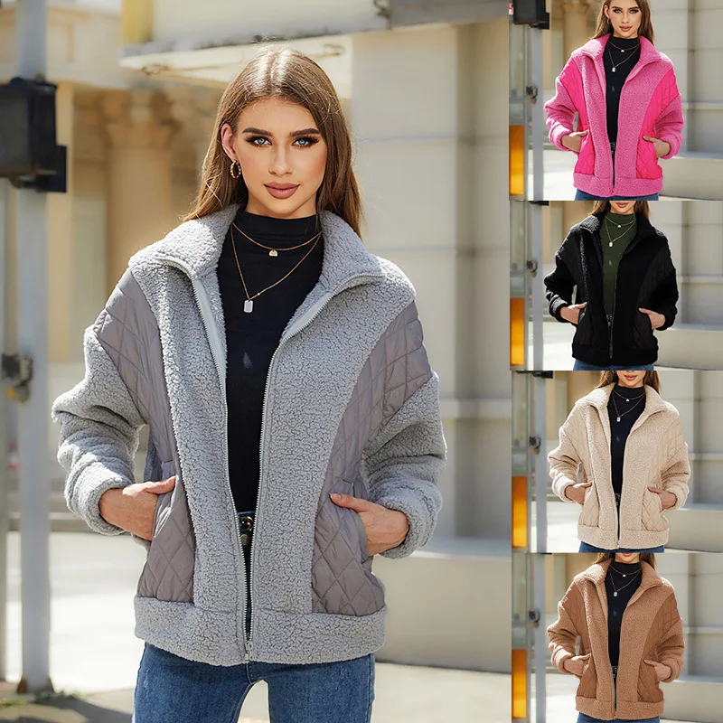 

Autumn Winter Warm Women Jacket Chic Splice Lamb Wool Coat Women Cotton Parkas Basic Coat Zipper Jacket Pocket Outwear Tops
