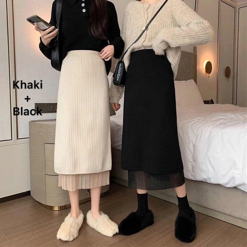 

Lucyever Women Knitted Pencil Skirt Fashion Two-Sided Wear High Waist Long Skirts Female Elegant Open-Forked One-Step Skirts