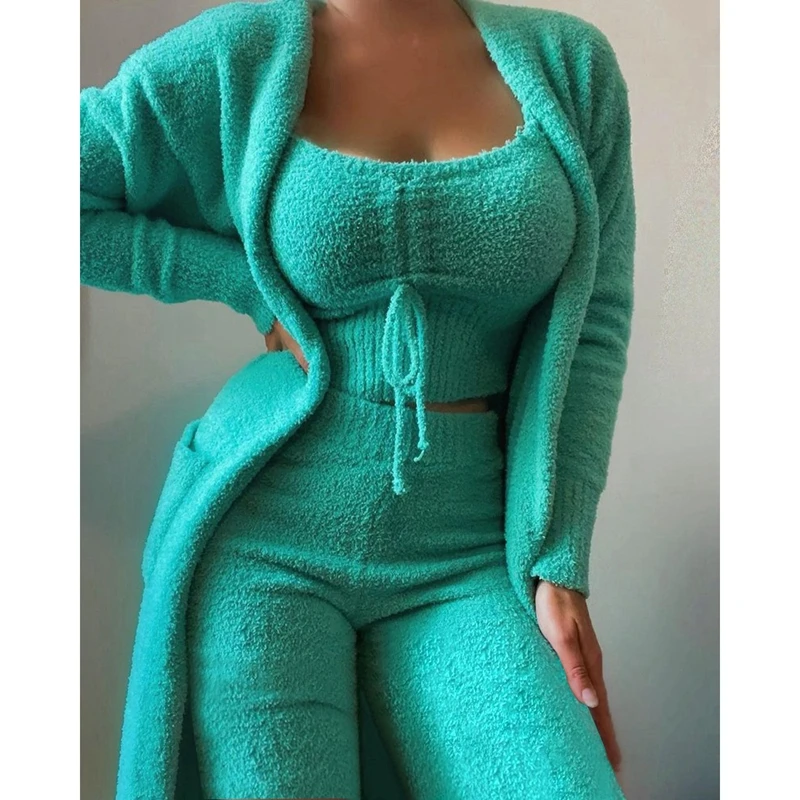 2023 New Women's Velvet Pajamas Set Autumn Winter Warm Soft Fleece Homewear Crop Top+Long Pants+Coat 3 Pieces Suit Pyjamas S-3XL