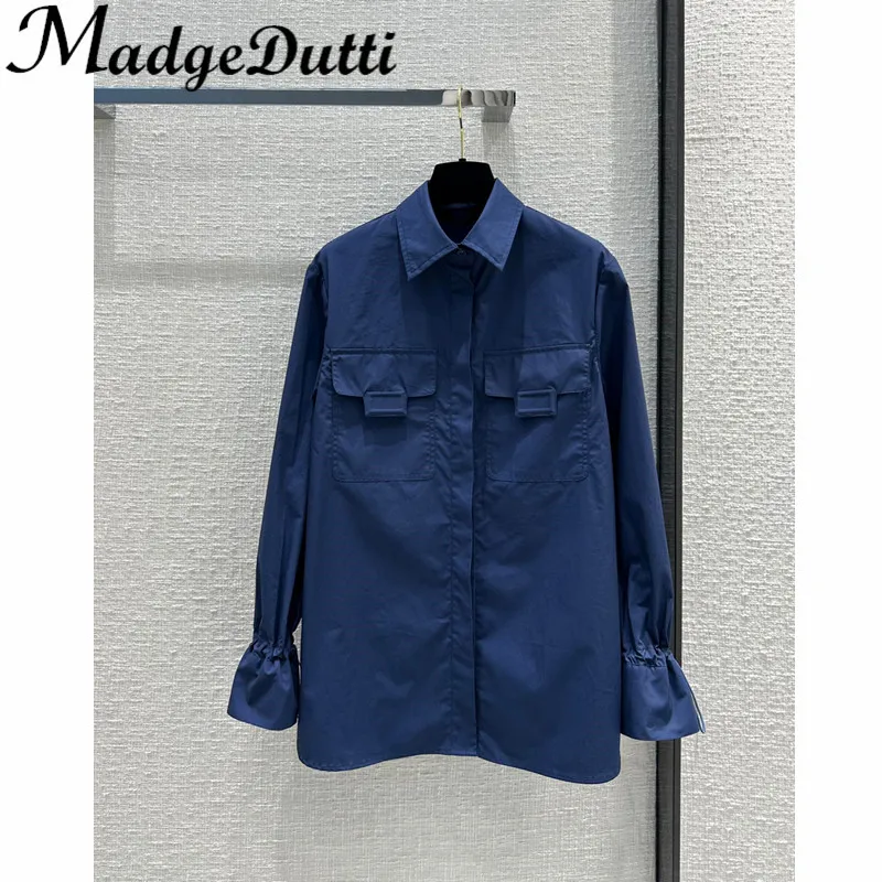 12.16 MadgeDutti Neutral Style Casual Letter Pocket Drawstring Cuff Midi Lapel Shirt Women