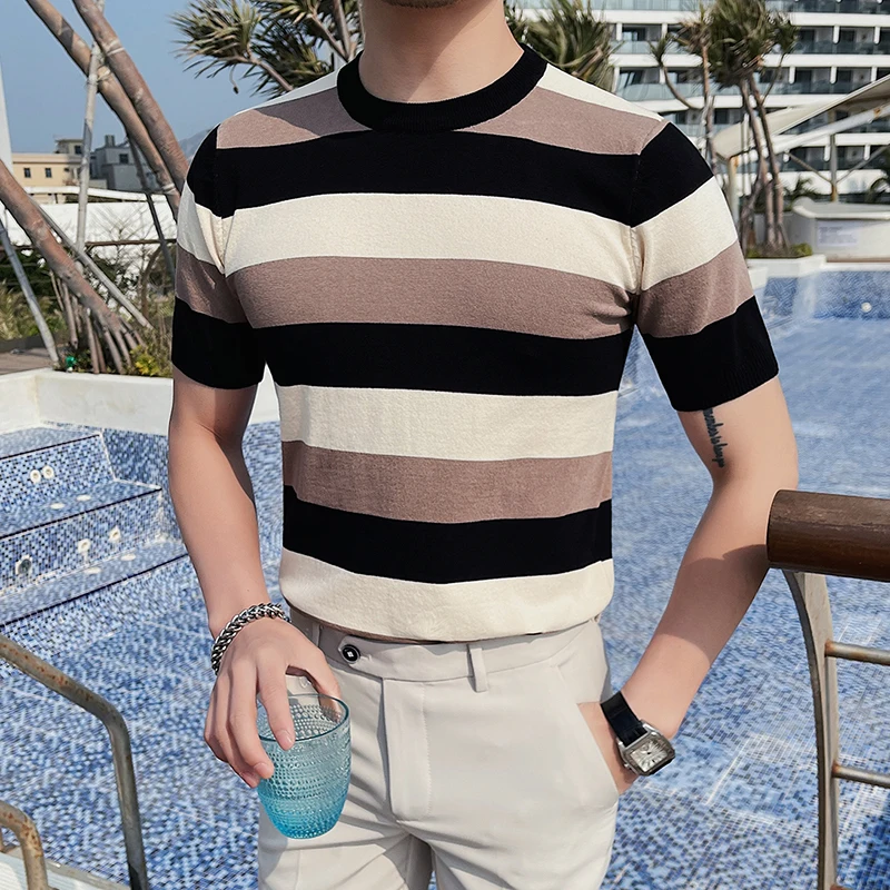

Мужская Повседневная футболка в полоску, облегающий базовый свитер с круглым вырезом, Классические мягкие вязаные футболки, Новинка лета 2023, T34