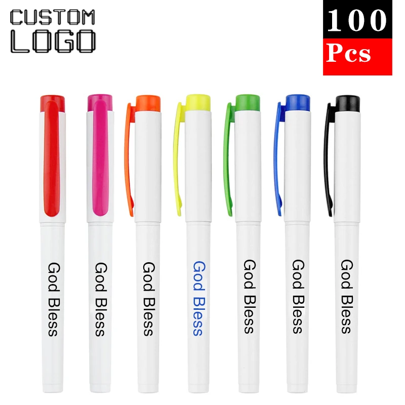 100Pcs Personalized Printing Logo Black and White Color Pen Clip Plastic Neutral Pen Enterprise Advertising Activity Gift Pens