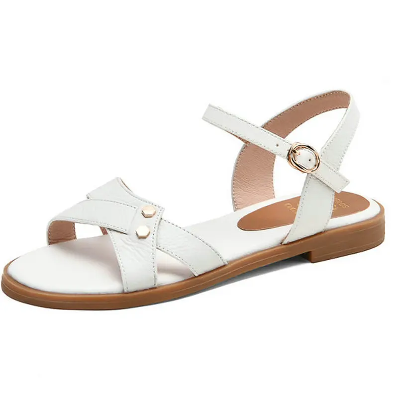 

Сандалии женские из натуральной кожи, босоножки на плоской подошве 2 см, открытый носок, пряжка, летняя обувь, большие размеры 34-43, черные бел...