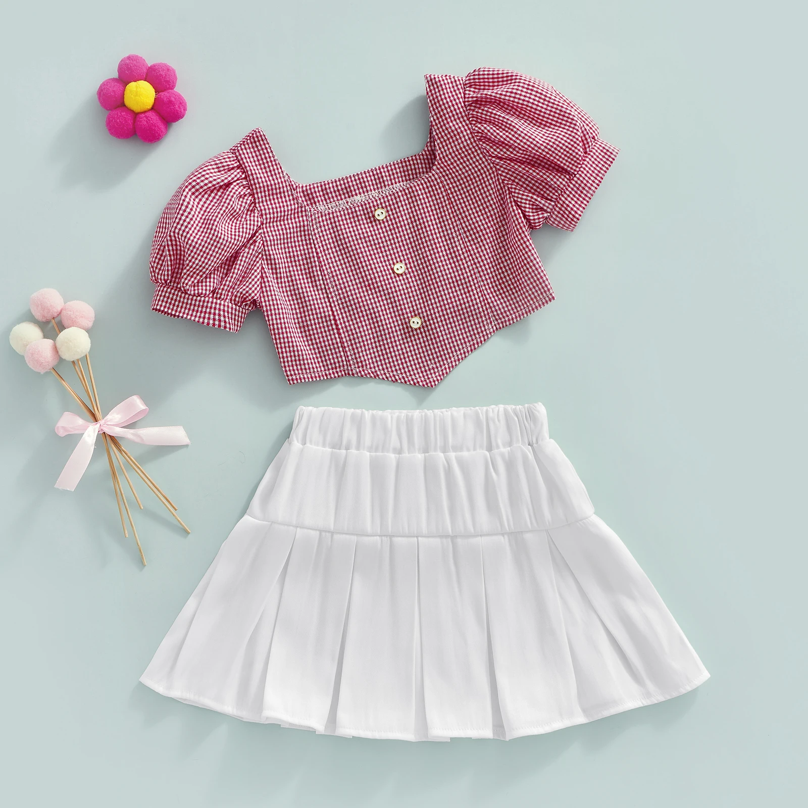 

Toddler Kid Girls Clothes Set Plaid Puff Sleeve Tops Ruffles Skirts Outfits Summer Clothing D01