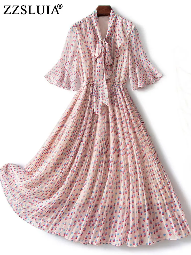 

ZZSLUIA Pleated Dresses For Women Dot Printed Bow Ruffles Designer Slim Elegant Dress Fashion Summer Dresses Female Clothing