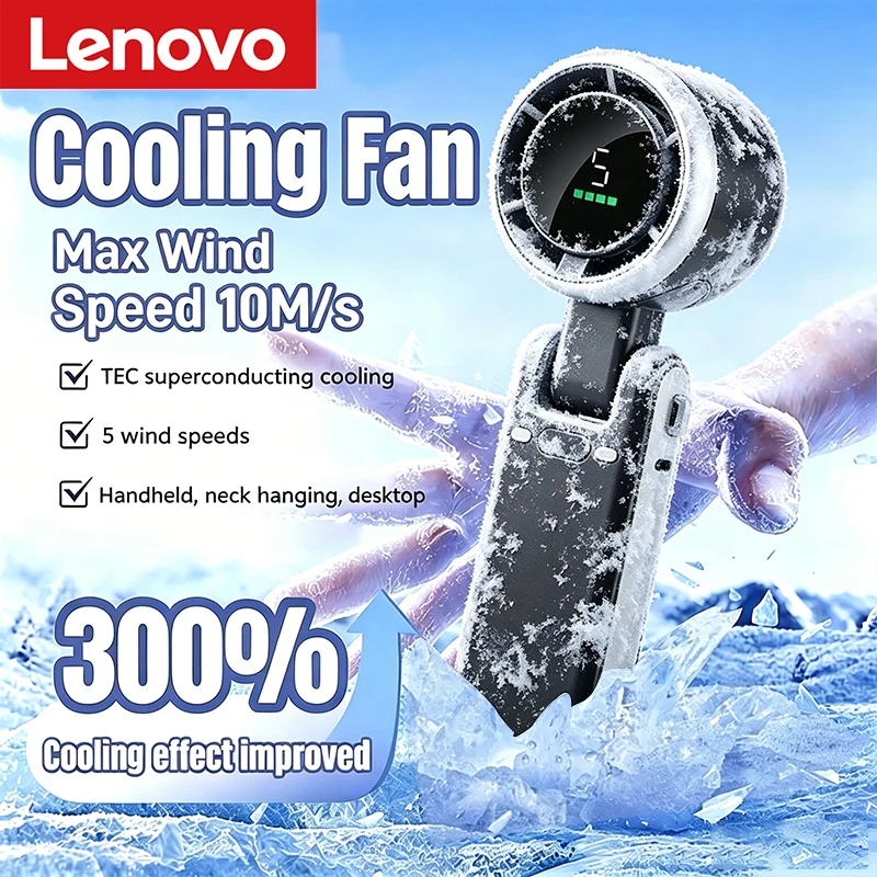 Фото Новый портативный мини-вентилятор Lenovo 2026: на шею, для улицы, складной на 180 градусов, настольный, ручной, высокоскоростной, мощный, турбо, бесшумный №1