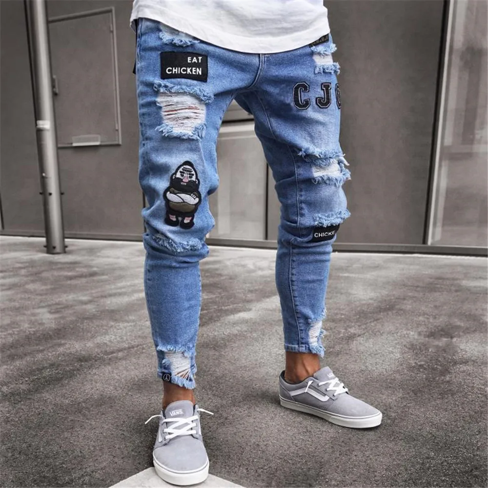 

Mens pants Jeans Men Ripped Patched Badge Painted Jeans Straight Slim Fit Hip Hop Casual Denim Jean For Man Broken Holes Boys