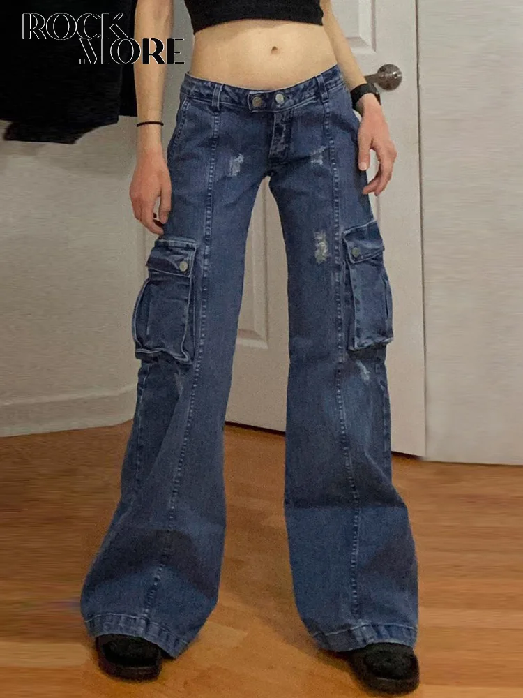 

Rockmore Y2K Low Waist Women'S Jeans Harajuku Pocket Parachute Pants Vintage Wide Leg Denim Cargo Trouser Casual Baggy Korean
