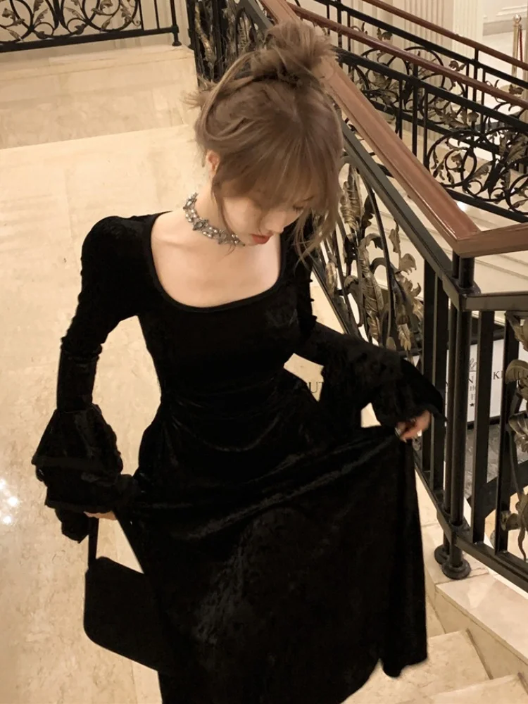 Черное бархатное платье French sle Hepburn Sle женское длинное на весну осень и зиму с