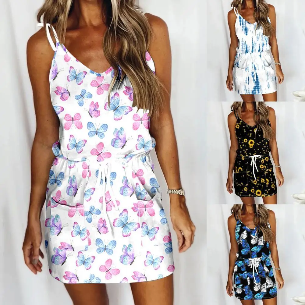 

Sleeveless Trendy Wear Resistant Mini Dress V Neck Strap Dress Drawstring for Dating
