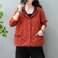 spring autumn womens cotton and linen hooded jacket long sleeve jacket plus size loose retro linen top leisure printing za new