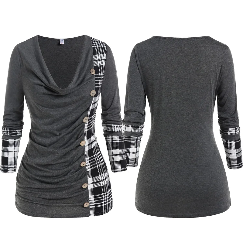 

L-5XL Women Casual Tees With Buttons Plaid Cowl Neck Draped Long Sleeves T-shirt Colorblock Tunic Blouson Tops