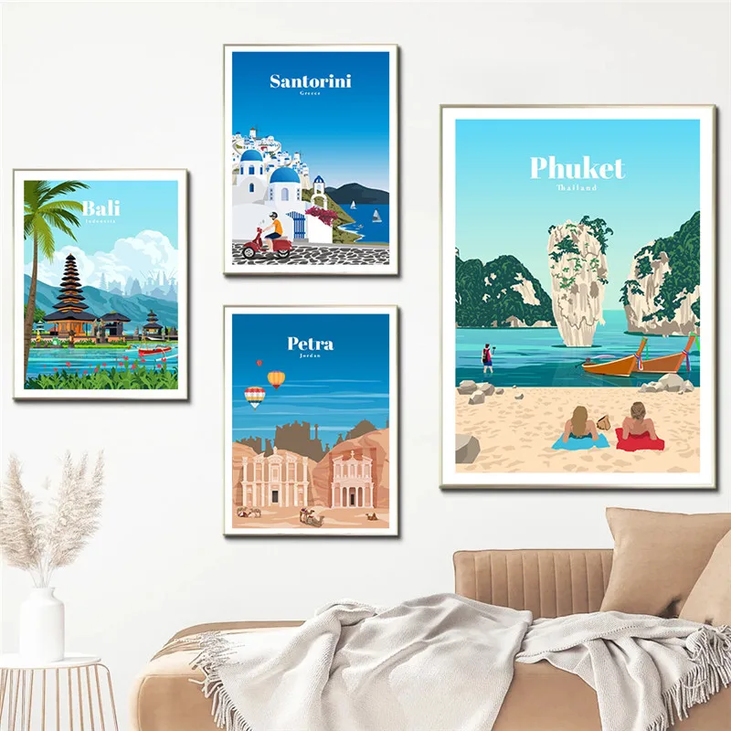 Санторини Бали Исландия Дубай холст живопись Постер для путешествий Пхукет