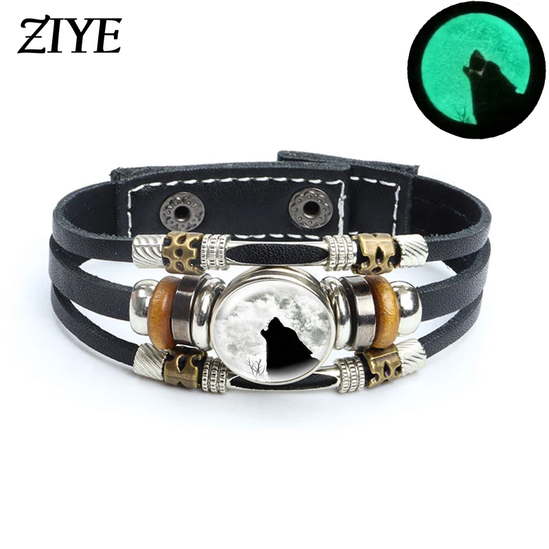 

Vintage Wolf Leather Bracelet Wicca Animal Power Viking Amulet Glass Cabochon Multilayer Punk Button Braided Bracelet
