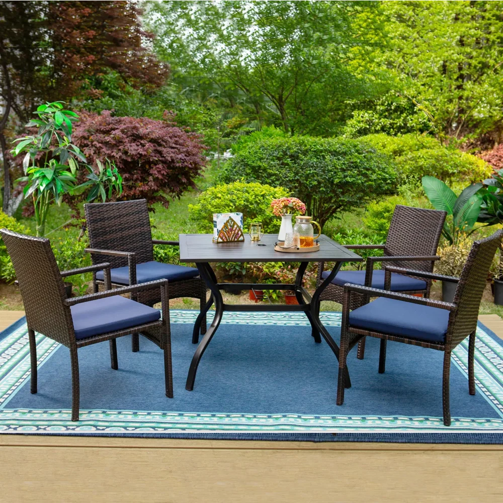 

MF Studio 5-Piece Outdoor Patio Dining Set with Metal Square Dining Table and 4 Rattan Chairs for Outdoor, Yard, Porch