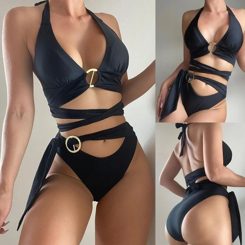 

Two Piece Swimsuit Halter Criss Cross Bikini Top High Waisted Briefshorts Split Bathing Suits Women Swimwear Adjustable