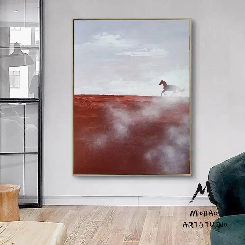 

Large Red Abstract Painting,Horse Abstract Painting,White Cloud Abstract Painting,Original Minimalist Art Oil Hand Office Wall