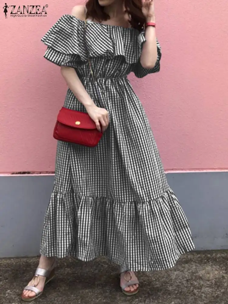 

Женское клетчатое платье с открытыми плечами ZANZEA, элегантное платье-макси во французском стиле, праздничные пляжные повседневные длинные п...