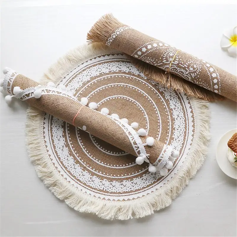 

Round Nordic Table Mat Embroidery Placemat Woven Cotton Coaster Kitchen Decoration Accessories Jute Dining Insulation Cup Mat