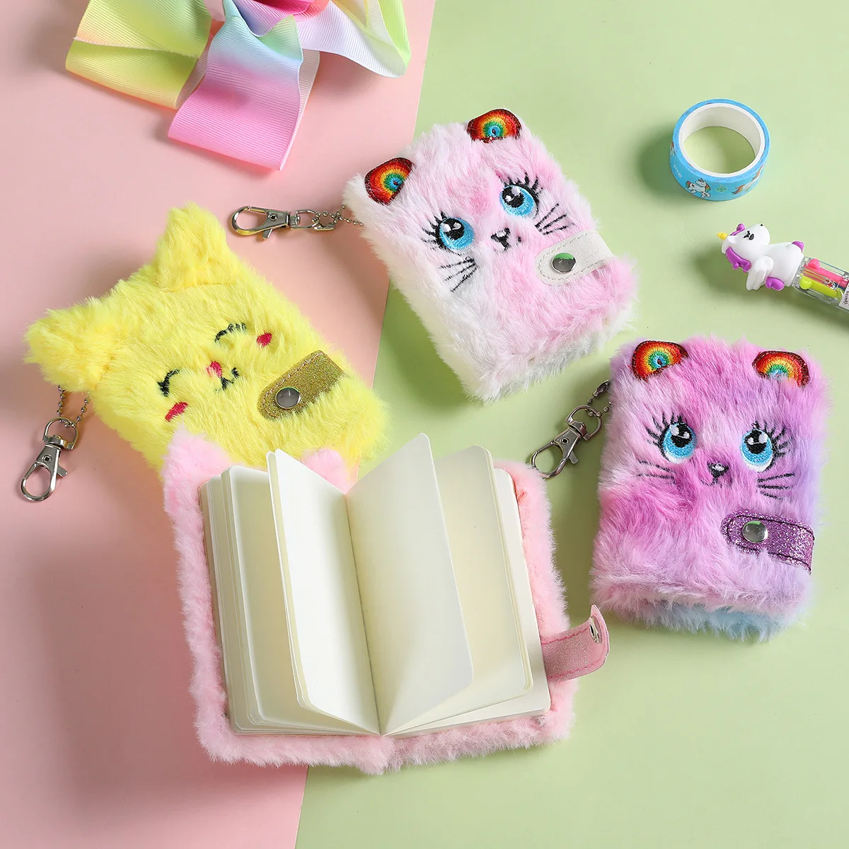 

Cute Cat Plush Notebook For Girls Kawaii Pendant Keychain Furry Cats Notebook Daily Planner Journal Book Note Pad Stationery