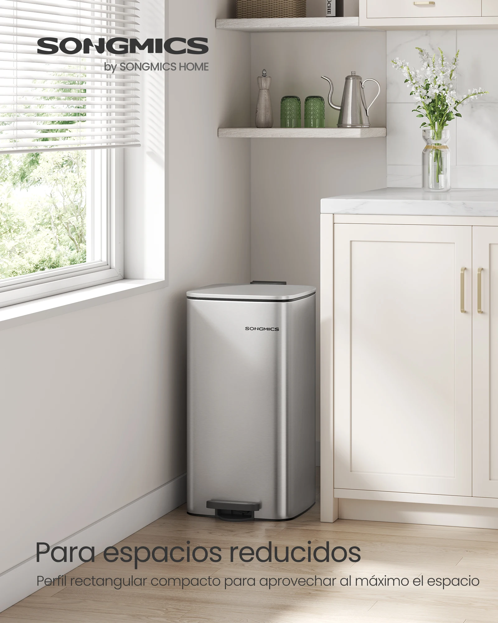 SONGMICS Kitchen Bin, 8-Gallon (30 L) Trash Bin, Steel Pedal Bin, Metallic Silver/Beige Sand/Black Ink/Cloud White
