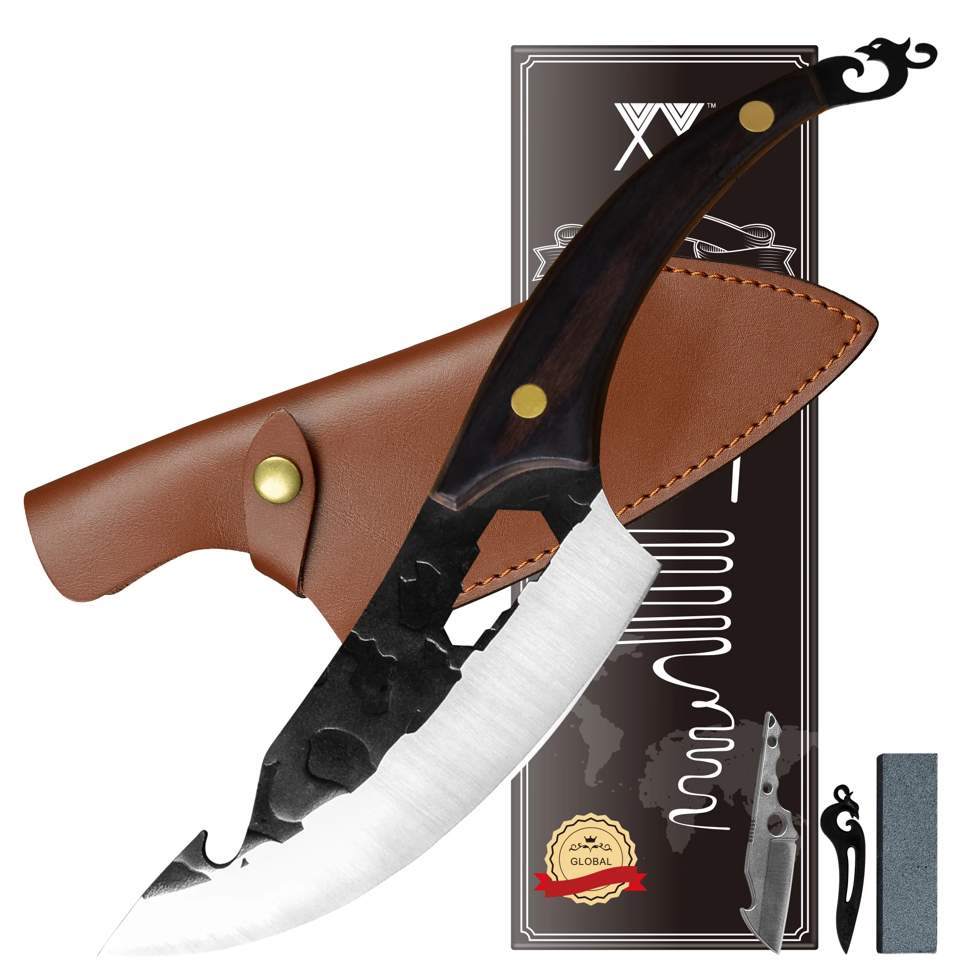 

XYj Outdoor Knife With Sheath 6 Inch Stainless Steel Cutting Knives Boning Slicing Filleting Fish Knife Meat Cleaver Wood Handle