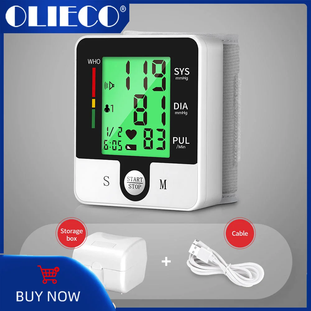 OLIECO USB Rechargeable Digital Wrist Blood Pressure Monitor English Voice LCD PR Tonometer Heart Rate Meter Upgraded Version