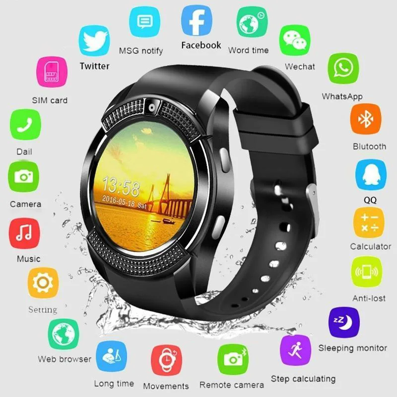 2022 New V8 Smartwatch Men and Women Sport Waterproof Pedometer with SIM Card Android Connect Whatsapp Twitter Facebook Sync
