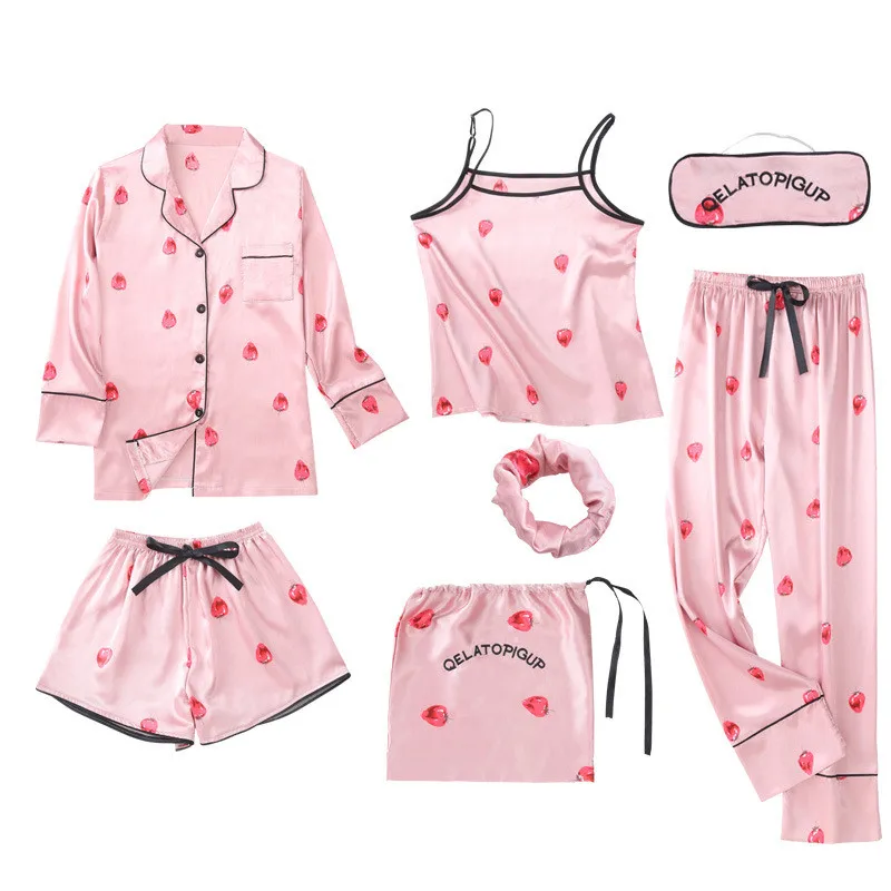 Pink 7 Pieces Women's Pajamas Sets Faux Silk Striped Pyjama Women's Pajamas Sleepwear Sets Spring Summer Homewear