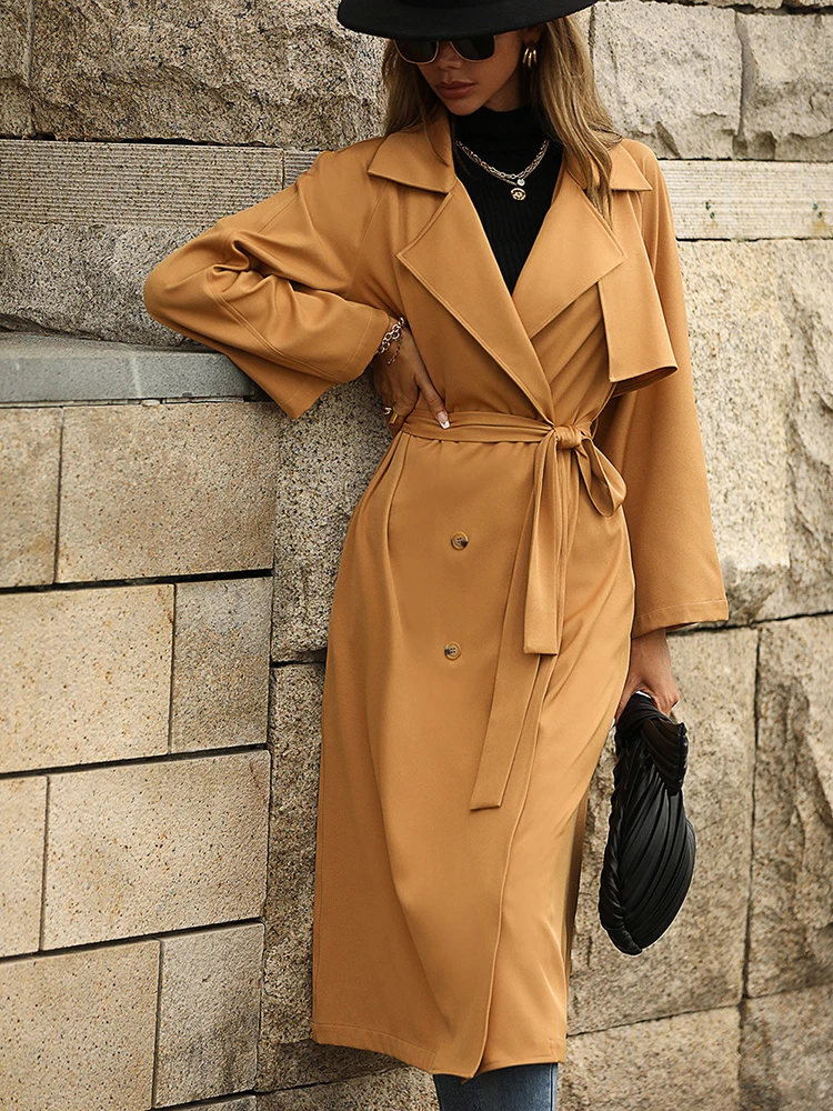 Taruxy Lapel Long Casual Trentch Coats Women Elegant Ladies Autumn Fashion Buttons Lace Up Long Trench Coat Jackets 2022