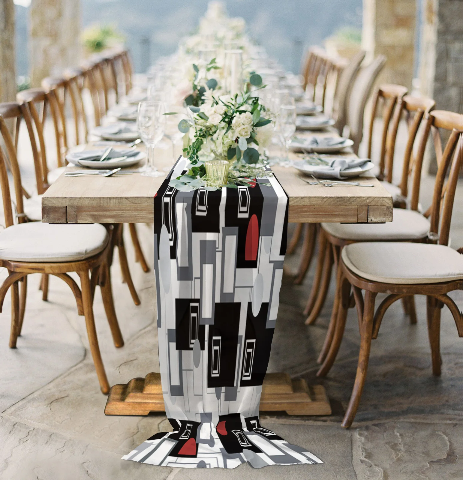 

Black And White Geometric Grid Sheer Chiffon Table Runner Wedding Party Birthday Luxury Voile Tablecloth Home Decoration