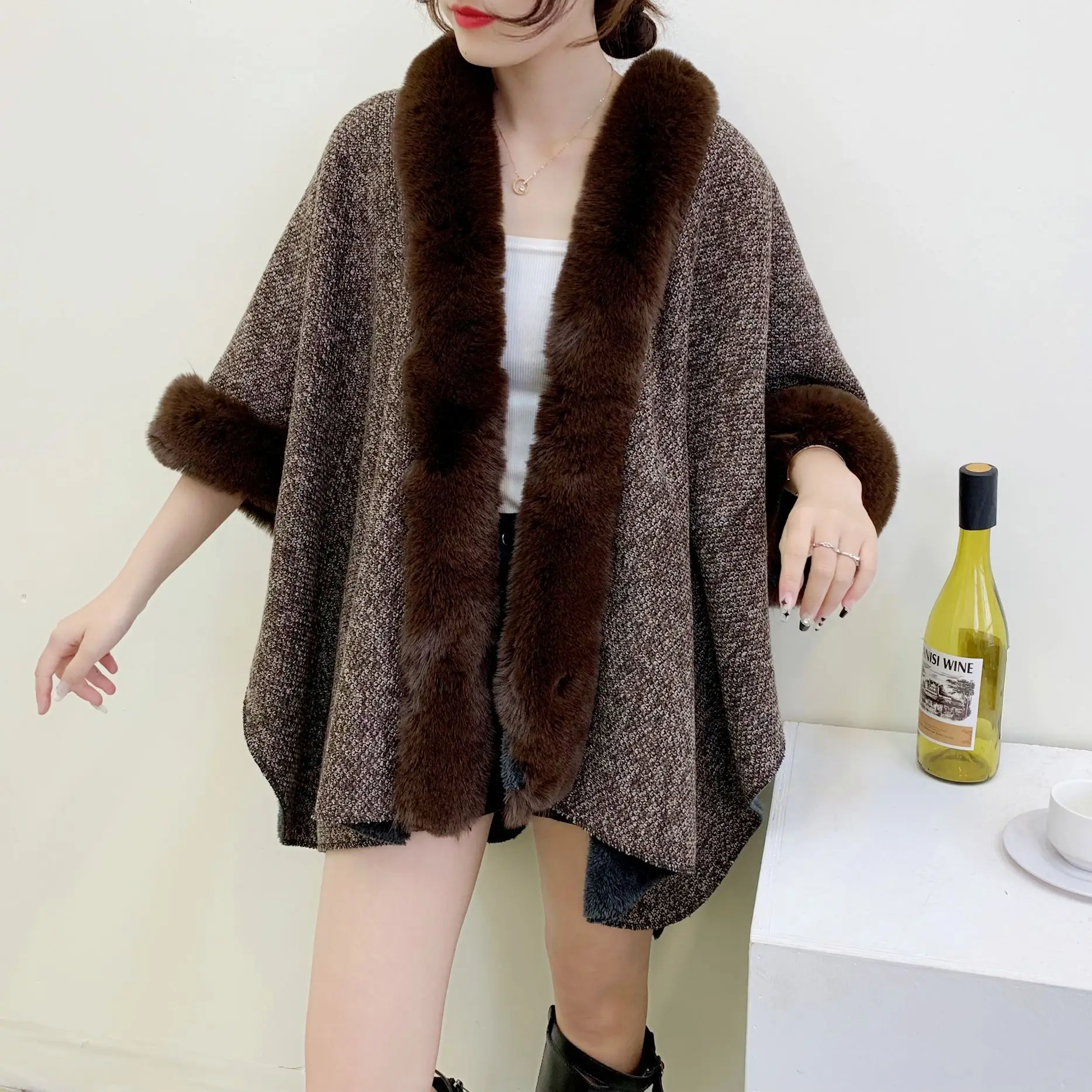 Classic Split Towel Flannel Composite Women's Faux Fur Rex Rabbit Shawl Female E-commerce Processing Customization Cardigan