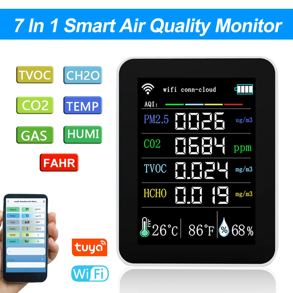 

Tuya Wifi 7 In 1 Smart Air Quality Monitor PM2.5 TVOC HCHO AQI Meter Digital Temperature Humidity Tester Household CO2 Tester