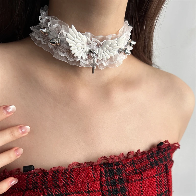 Милое крутое колье Gyaru Sle с кружевными крыльями и шейным ремешком ожерелье