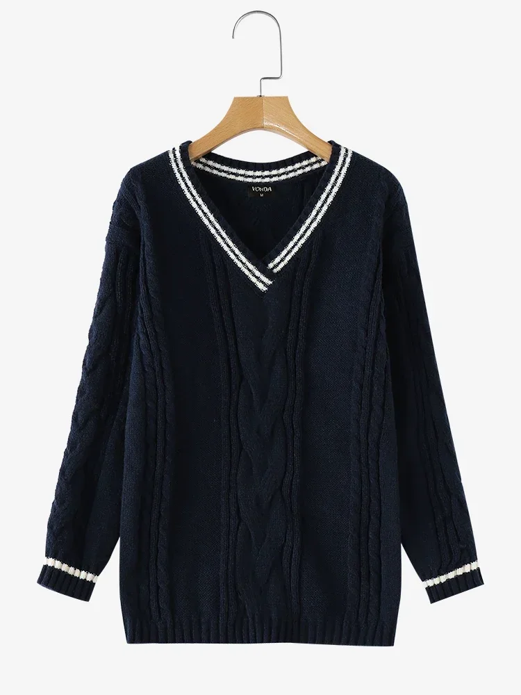VONDA лоскутные свитера с v-образным вырезом женская одежда трикотажные топы