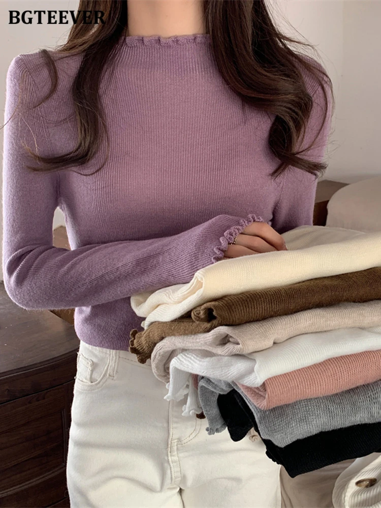 

BGTEEVER Autumn Winter Basic Slim Women Knitted Skinny Pullovers Casual Full Sleeve Female Half High Collar Sweaters Tops 2022