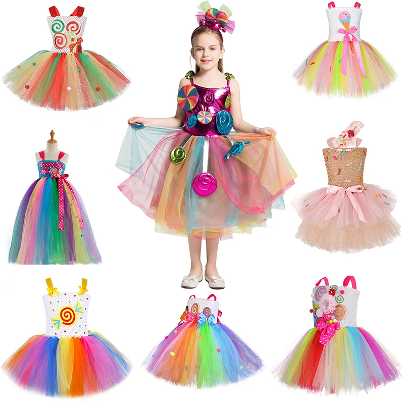 

Summer Candy Rainbow Girls Dress Lollipop Modeling Frock Little 1-12Years Girl Costume Kids Unicorn Costume Purim Lollipop Dress