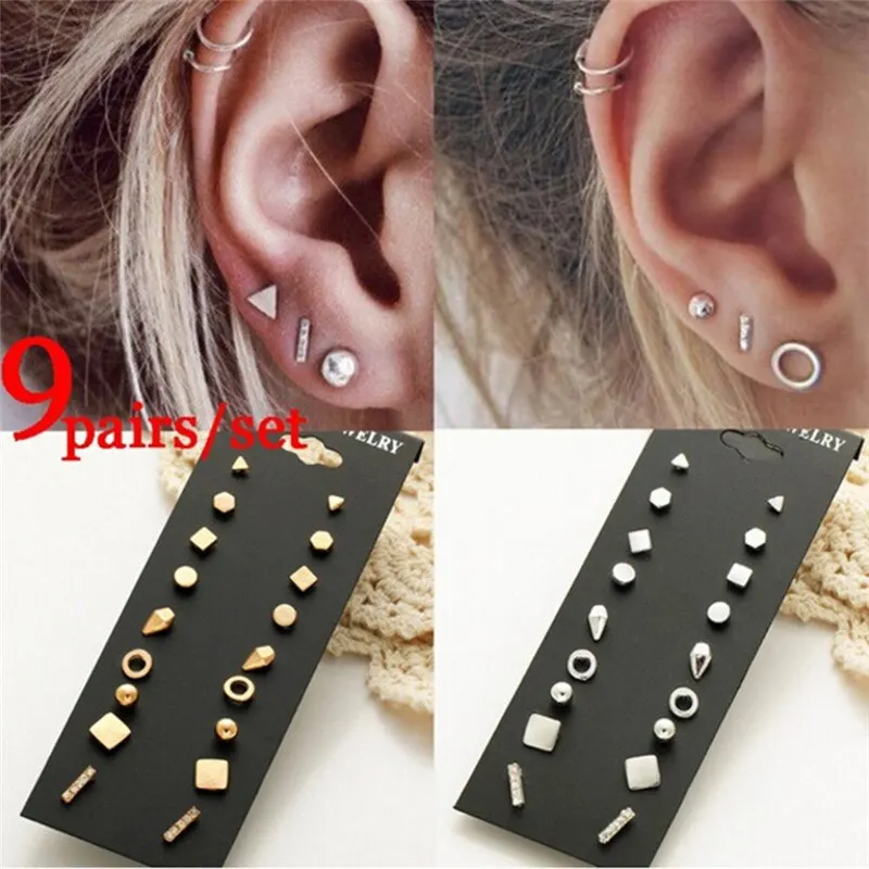 

Crystal Stud Earrings Set for Women Female Round Small Geometric Piercing Earrings for Party Gift Gold/ Color 9Pairs/set