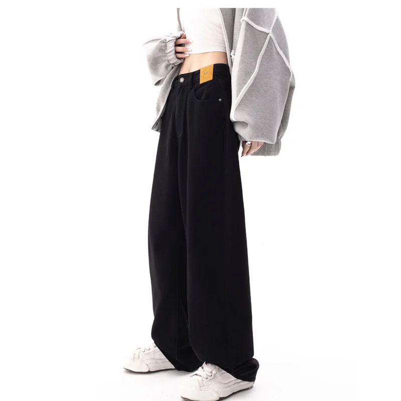 Women's 2022 New Pattern Vintage Recreational Black Mopping The Floor Broad Leg Jeans Loose Straight Cylinder Trousers Autumn