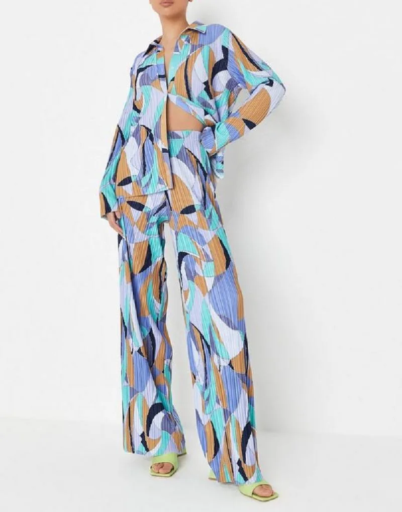 

Print Pleated Solid Women Set Long Sleeve Shirts and Straight Wide Leg Pants Suits Tracksuit Two Piece Set Casual Outfits