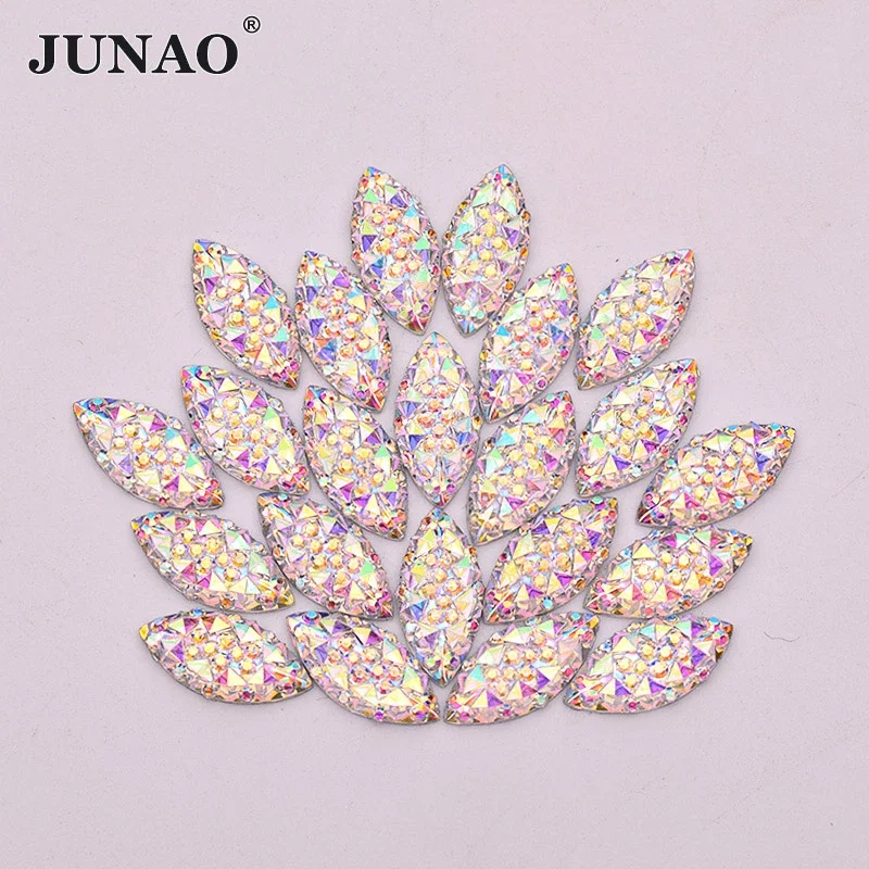 

JUNAO 7x15mm 100pc AB Resin Cabochon Rhinestones Applique Horse Eye Strass Non Sewing Flat Back Stones Diamond Crystal for Dress