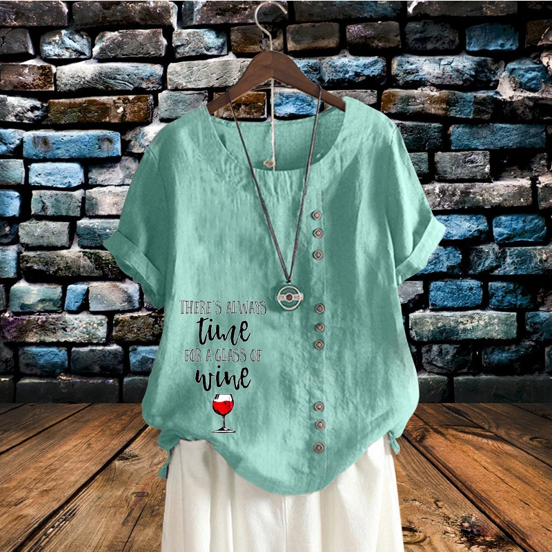 

Popular T Shirt Pullover Lady's Printed Summer Short Sleeve English Words Goblet Pattern Casual Round Neck Pullover for Women